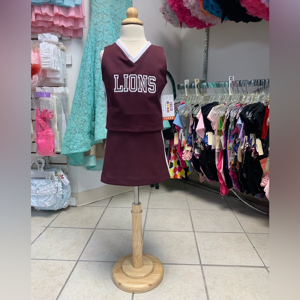 Girls Size 7 Burgundy Maroon & White Lions Logo Cheerleading Uniform Set NWT